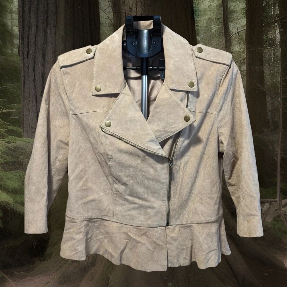 Womens L Pamela McCoy Tan Beige Suede Leather Moto Jacket With Ruffled Bottom